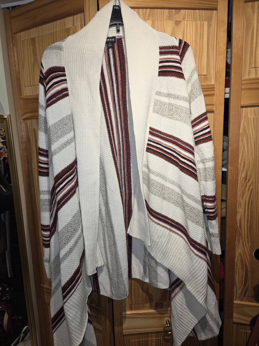 torrid Cream Open-Front Draped Cardigan with Rust and Gray Stripes
